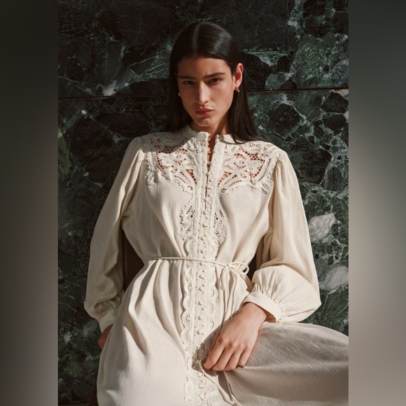 H&M Dresses & Skirts - H&M 2026 Lace-Detail Long Cotton Dress W/Liner Cotton Dress (cream) XS NWT